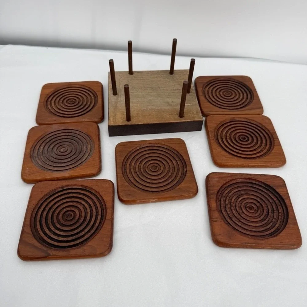 Wood Coaster Set of 7 w/ Holder Concentric Circles MCM Barware Rustic Lodge Core